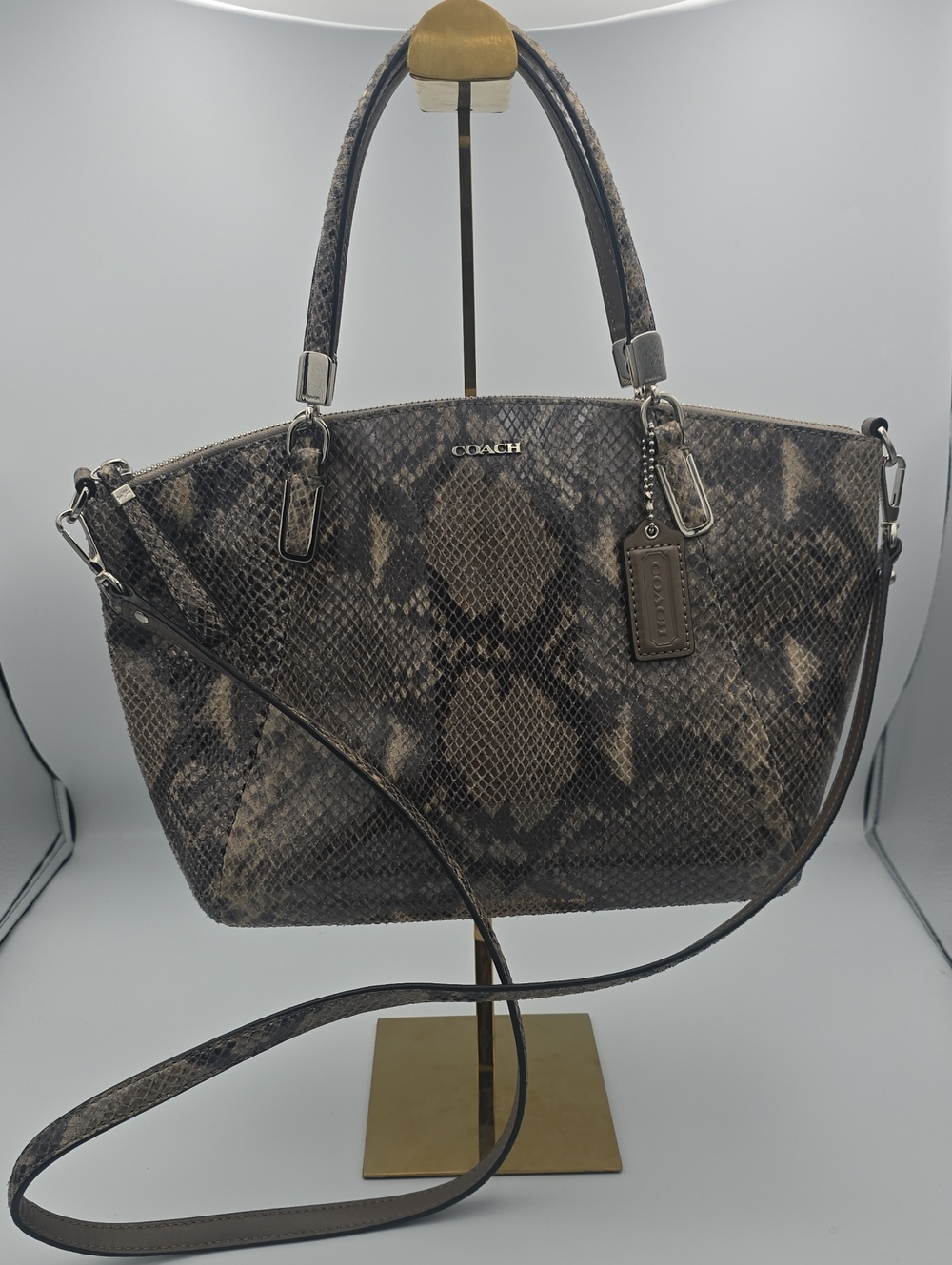 Coach Brown Snake-Print Satchel with Crossbody Strap
